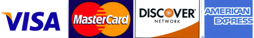 We accept Visa  Mastercard, Discover, and American Express.